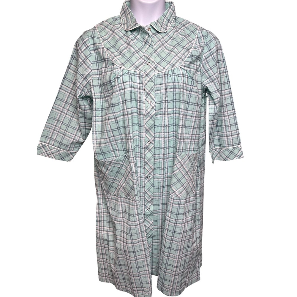 COUNTRY STORE Mint Green Plaid Snap Front Muumuu House Dress Sz XL Grandmacore